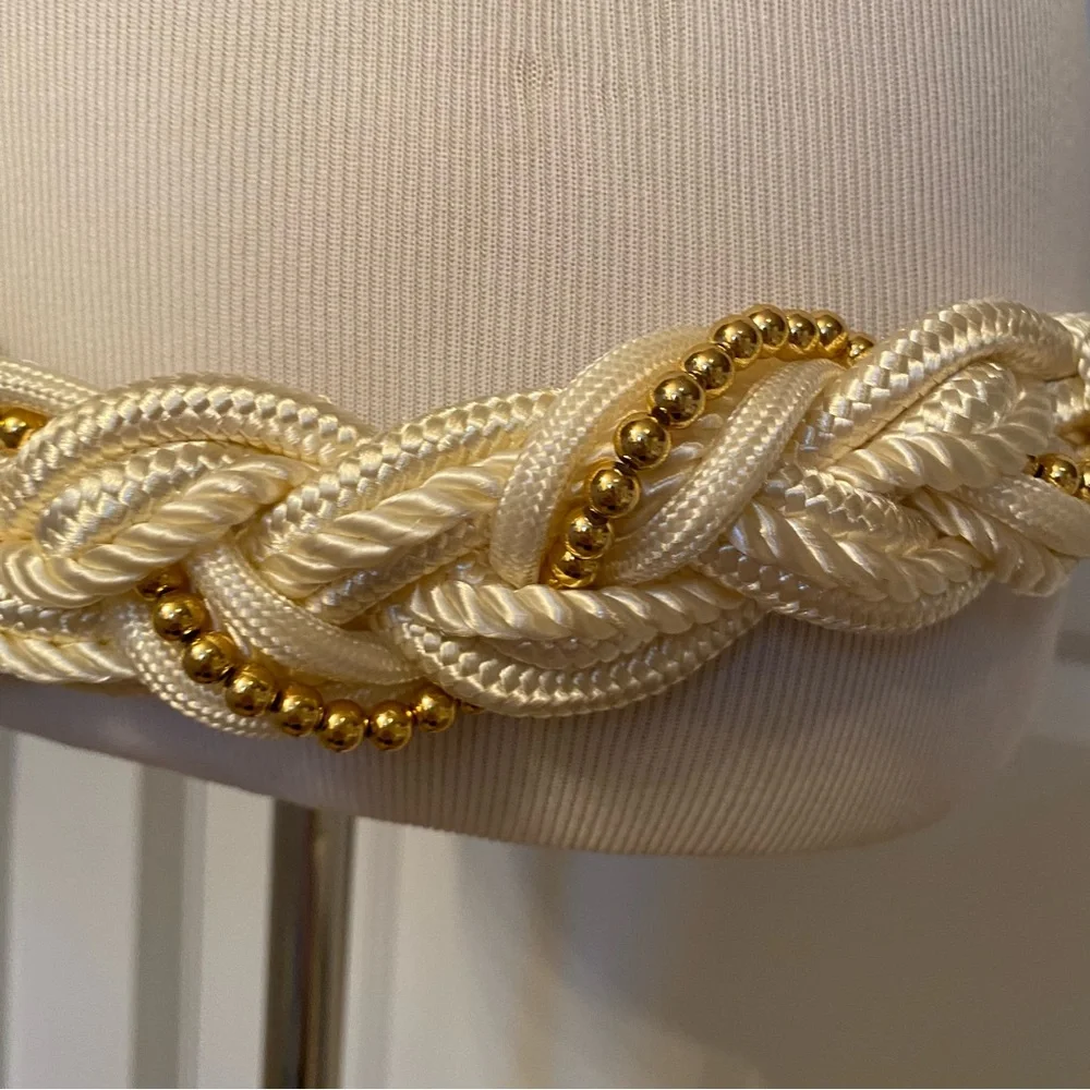 VINTAGE BELT CREAM CORD BRAIDED GOLD TONE BEADS MEDALLION 45.5”